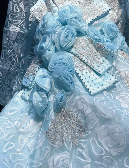 Belles Robes de Bal Sirène Bretelles Fines Bleu Ciel avec Fleurs Perles Longues Tenues de Soirée N3319