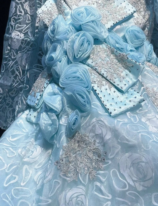 Belles Robes de Bal Sirène Bretelles Fines Bleu Ciel avec Fleurs Perles Longues Tenues de Soirée N3319