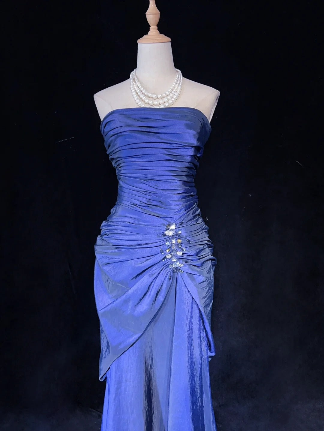 Vintage Abschlussballkleider 90er Meerjungfrau Trägerlos Marineblau Taft mit Perlen Lang Halbformelles Abendkleid N3669