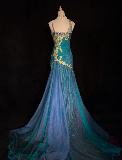 Robes de bal modestes Sirène Bretelles Spaghetti Tulle bleu sans manches Tenues de soirée longues et formelles N3632