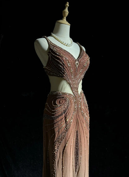 Vintage Prom Dresses 80s A Line Straps Brown Backless Chiffon Long With Beading Evening Formal Outfits RB5134