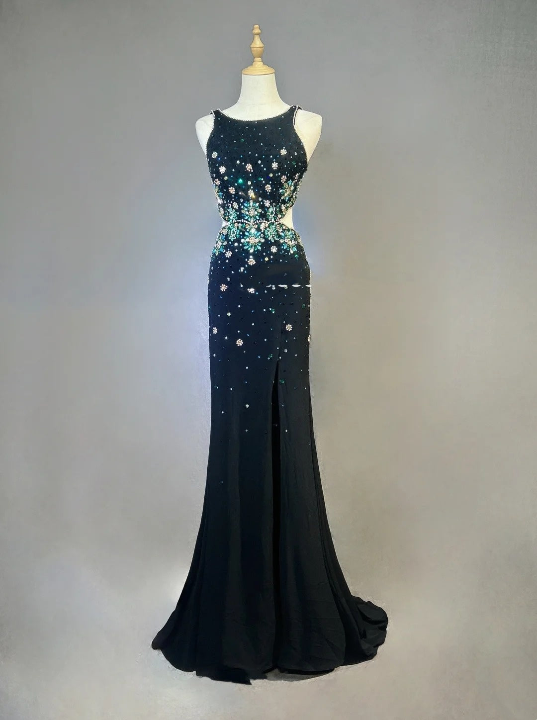 Robes de Bal Vintage Sirène Col Rond Noir Fendu Avec Perles Années 1970 Robe de Soirée Longue N2611