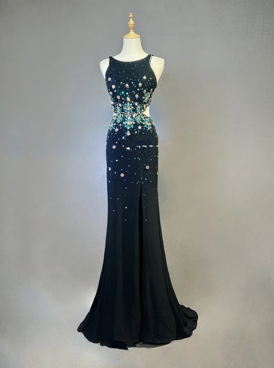 Vintage Prom Dresses Mermaid Scoop Black Split Slit With Beading 1970s Long Formal Gown N2611