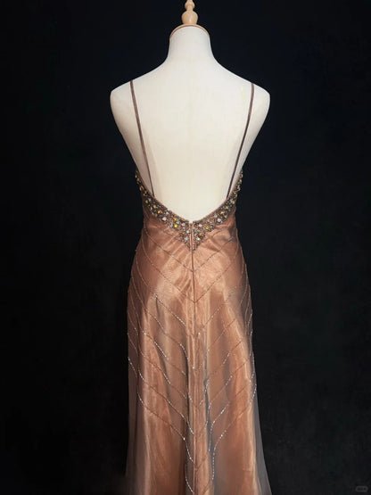 Vintage-Abendkleider Meerjungfrau Spaghetti-Träger Braun Ärmellose Chiffon 80er Jahre Langes Formelles Kleid N2860