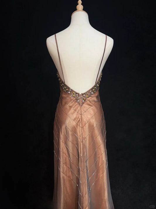 Vintage Prom Dresses Mermaid Spaghetti Strap Brown Sleeveless Chiffon 80s Long Formal Gown N2860