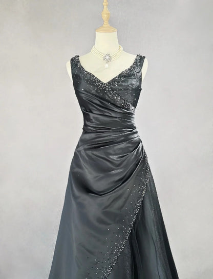 Robes de bal vintage des années 90 Col en V Noir avec perles argentées Robe de soirée longue N3022
