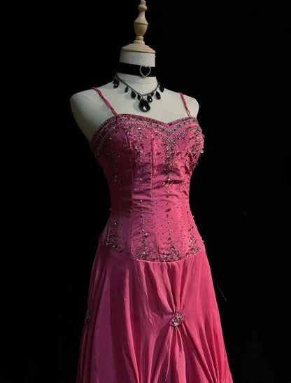 Robes de bal vintage en taffetas rose à bretelles spaghetti, avec perles argentées, années 1950, robe longue de soirée N2595