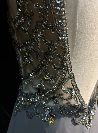Robes de bal vintage des années 80 A-ligne col rond gris sans manches en mousseline avec perles Tenues de soirée semi-formelles N3615