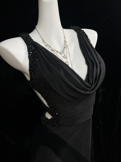 Vintage Prom Dresses 80s Mermaid Straps Black Tie Dress Backless Long With Beading Evening Formal Outfits RB5139