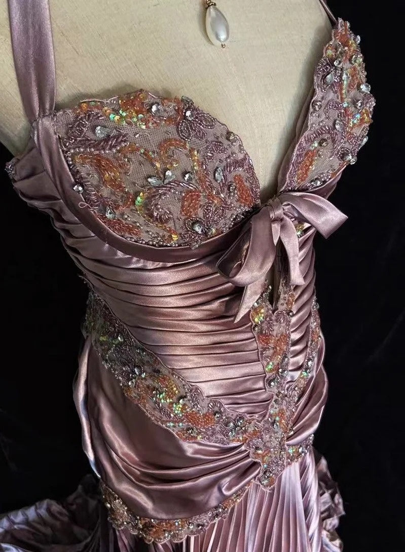 Robes de bal vintage des années 80 sirène dos nu satin rose avec volants longues tenues de soirée N3452