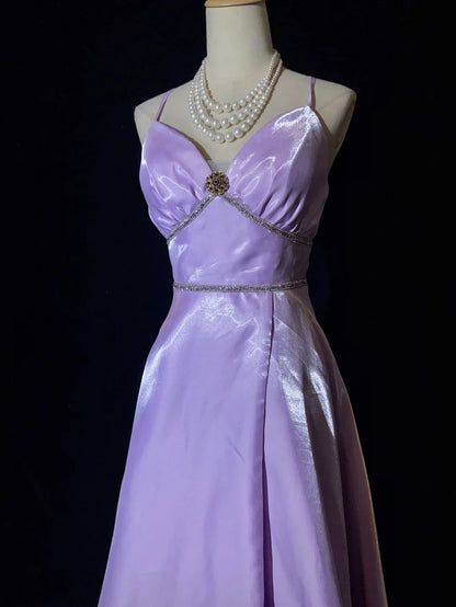 Robes de bal vintage des années 90, trapèze, à bretelles spaghetti, couleur lilas, longues, semi-formelles, tenues de soirée N3658
