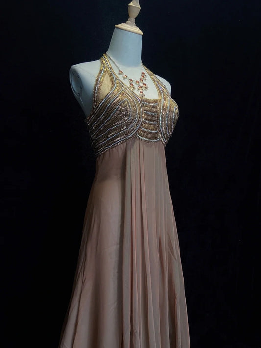Vintage Prom Dresses 80s A line Halter Brown Chiffon With Beading Semi Formal Evening Outfits N3633