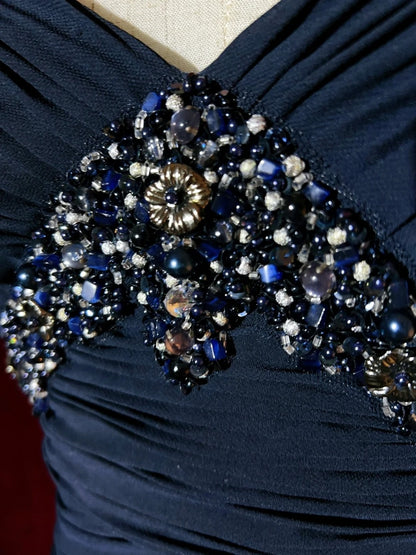 Bescheidene Ballkleider Inspo A-Linie Spaghettiträger Marineblau mit Perlenbesatz für Damen Abendkleid N3262
