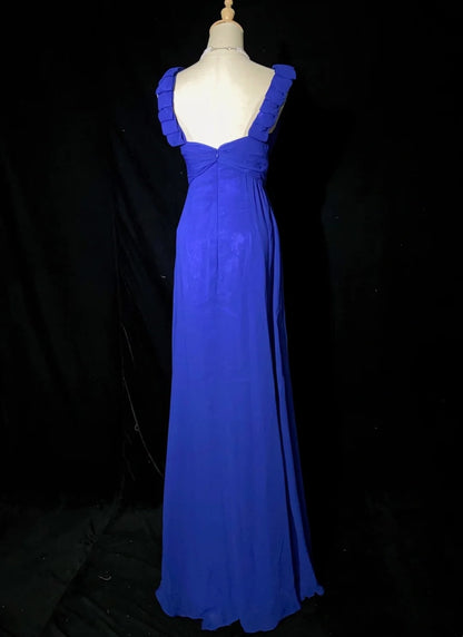 Vintage Abschlussballkleider Inspo A-Linie V-Ausschnitt Königsblau Chiffon Lang 1990er Mit Perlen Abendkleider N3352