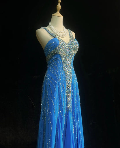 Vintage Prom Dresses Mermaid Halter Blue Chiffon With Beads Jewels Floor Length 80s Formal Gown N2582