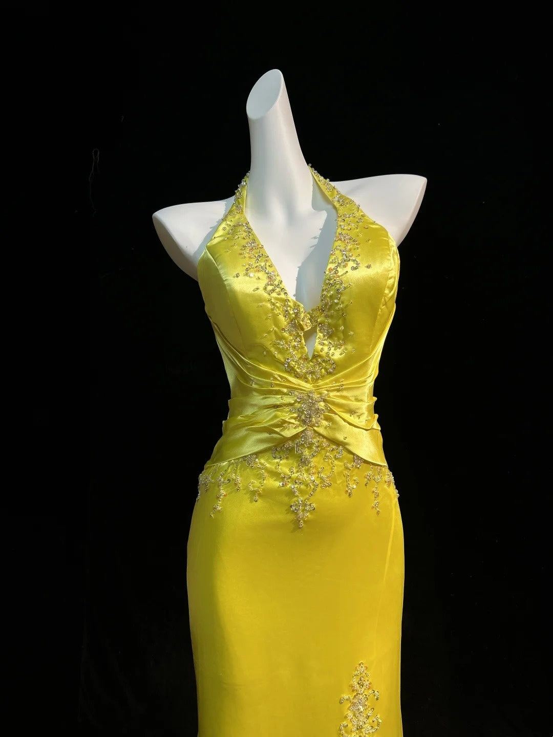 Vintage Prom Dresses Mermaid Halter Yellow With Lace Beading 80s Evening Formal Dress RB3312