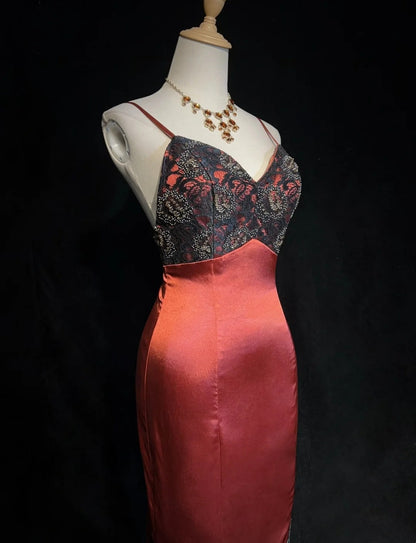 Vintage Prom Dresses Mermaid Spaghetti Strap Dusty Orange Sleeveless 1980s Long Formal Gown N2868