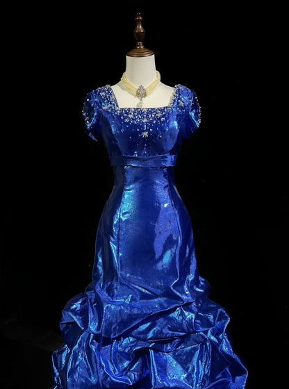 Robes de Bal Vintage Années 60 Sirène Col Carré Organza Bleu Roi Avec Longue Robe de Bal Perlé N3116
