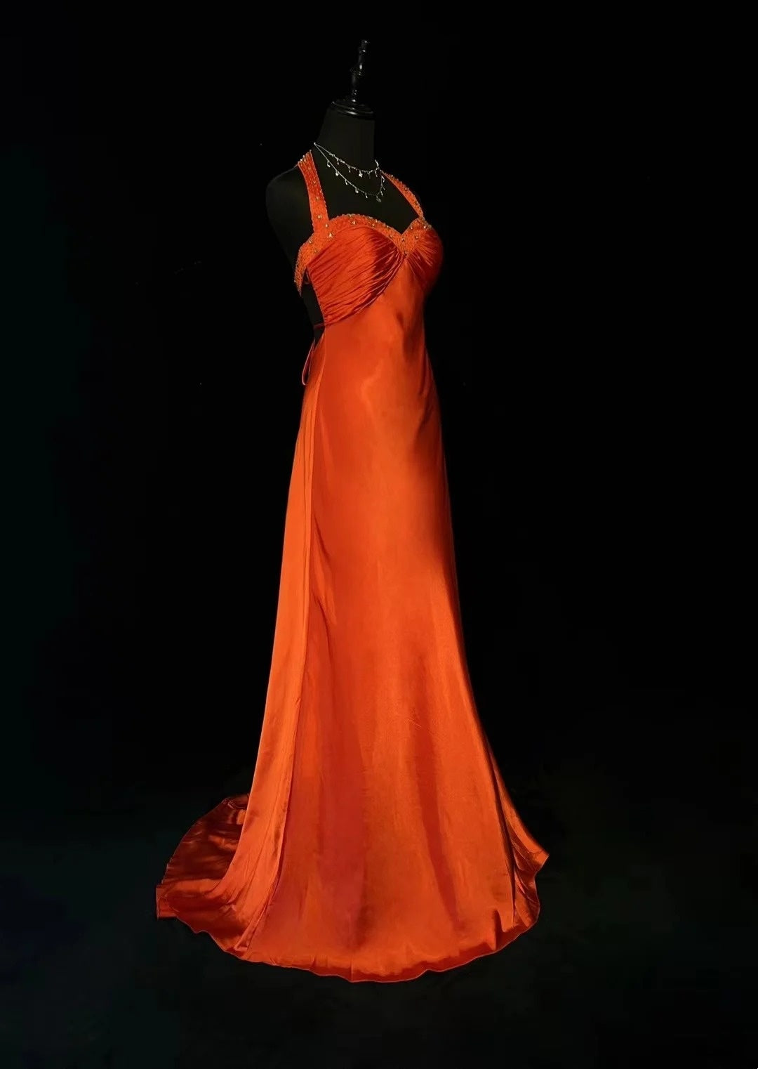 Vintage Prom Dresses A line Sweetheart Orange Satin Backless With Beading 1960s Long Formal Gown N2609