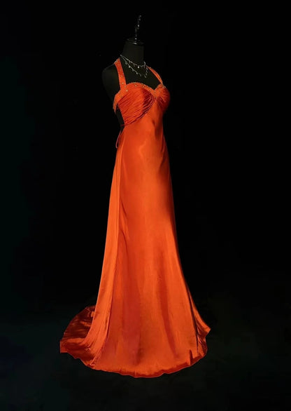 Vintage Prom Dresses A line Sweetheart Orange Satin Backless With Beading 1960s Long Formal Gown N2609