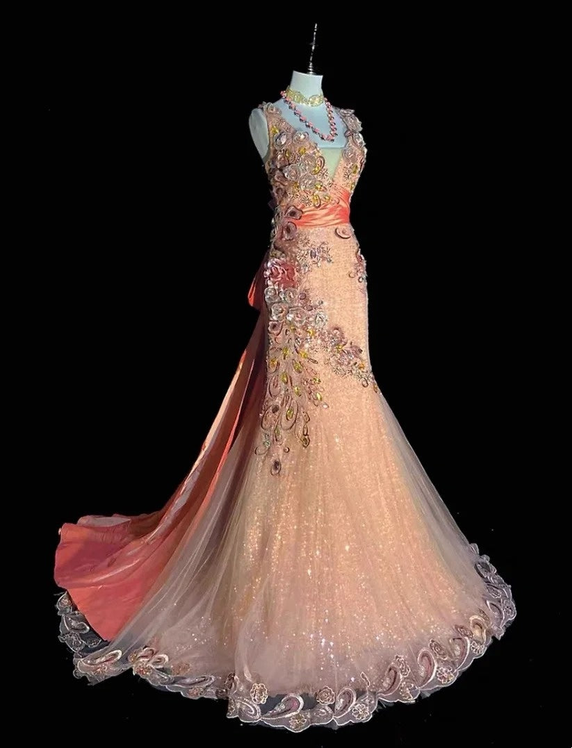 Robes de bal vintage sirène à bretelles rose clair pailleté dentelle avec fleurs longues tenues de soirée N3441