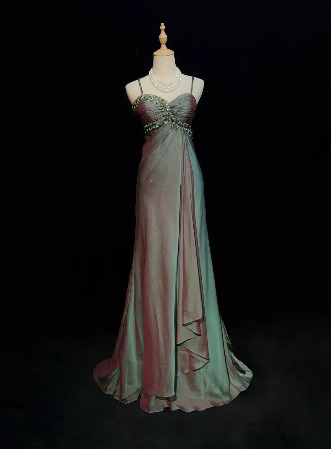 Vintage Ballkleid Ästhetik Kleider A-Linie Spaghettiträger Grün Chiffon Langes Abendkleid N3017