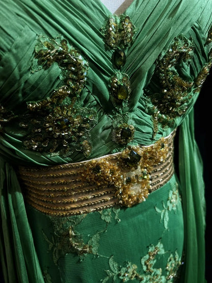Vintage Prom Dresses Mermaid V Neck Chiffon Green With Beaded Appliqued 80s Long Formal Gown N2732