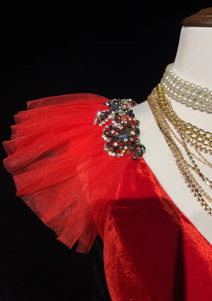 Vintage Prom Dresses A line V Neckline Red Sleeveless Tulle 1980s Long Formal Evening Gown N2629