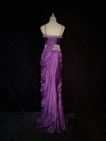 Vintage Abschlussballkleider Spaghetti-Träger Meerjungfrau Lila Chiffon mit Perlenbesatz Lange formelle Abendkleider N3866
