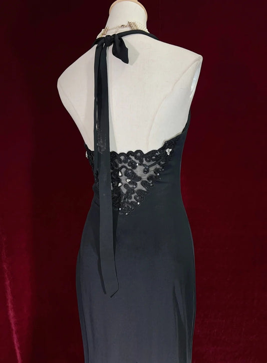 Vintage Prom Dresses Mermaid Halter Black Chiffon Tea Length Sleeveless 1980s Formal Dress N2869