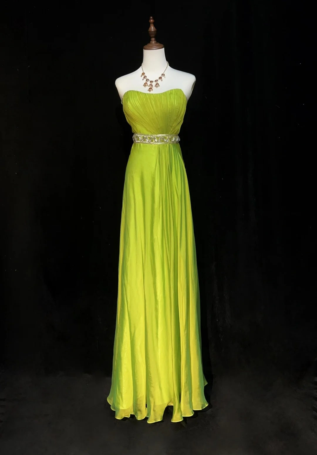 Vintage 90er Abschlussballkleider A-Linie Trägerlos Grün Chiffon Mit Plissiertem Umhang Formelle Abendkleidung N3852