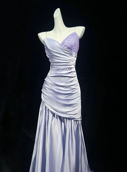 Vintage Prom Dresses 1960s Mermaid Sweetheart Lilac Satin With Beads Sleeveless Prom Dresses Evening Formal Outfits RB5125