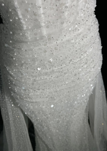 Robes de mariée uniques sirène, épaules dénudées, paillettes avec volants, longue robe de mariée blanche N3619