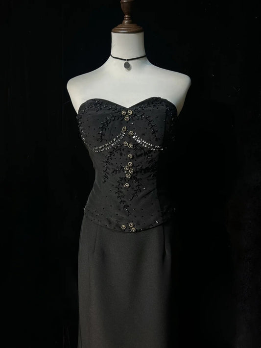 Vintage Prom Dresses Mermaid Sweetheart Black Tie Gown 80s Satin Evening Formal Dress RB3263