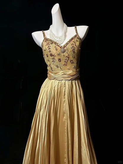 Robes de bal vintage des années 1950, coupe trapèze, bretelles fines, satin doré avec perles, sans manches, tenues de soirée formelles RB4335