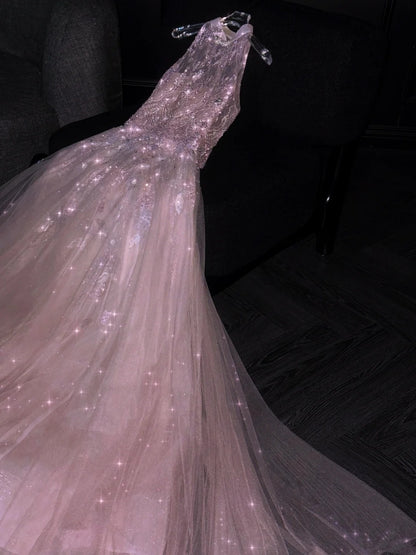 Märchenhaftes, langes, formelles Abendkleid in A-Linie aus rosa Tüll, formelles Kleid zum 18. Geburtstag, Ballkleid N731