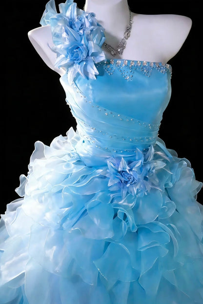 Fairy Ball Gown One Shoulder Ice Blue Tiered Layers Organza Quince Prom Dresses Quinceanera Dress N2965