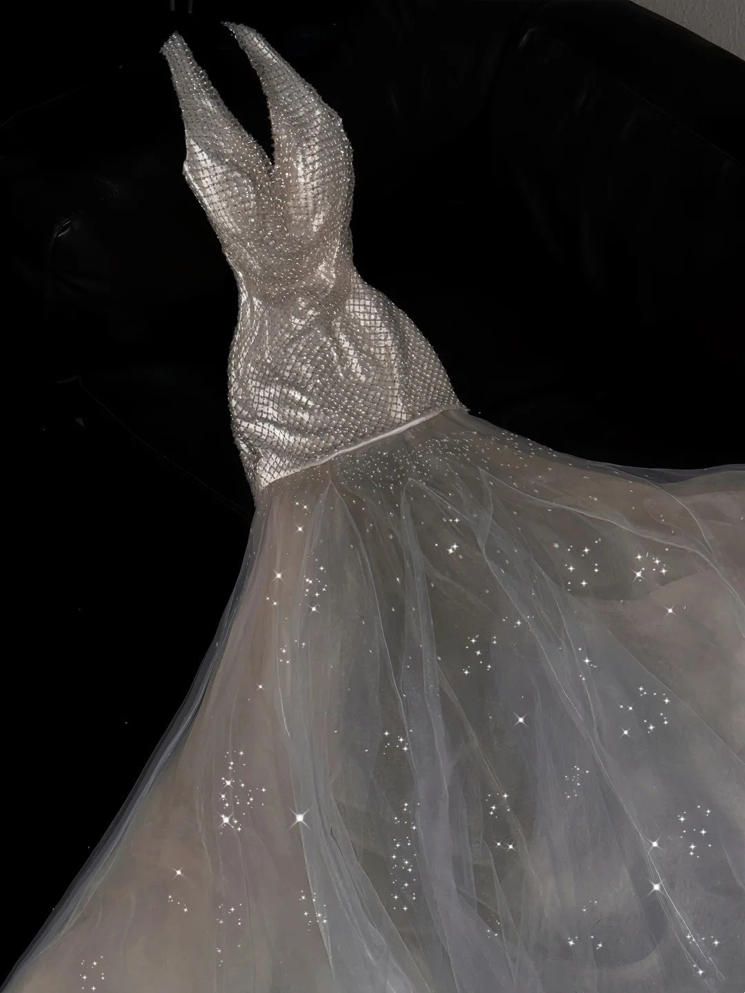 Prinzessin Meerjungfrau Neckholder Champagner Pailletten Langes Ballkleid Abendgarderobe Festliches Kleid N995