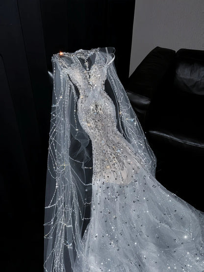 Pretty Mermaid Jewel Neck Sequin Silver With Beading Brides Gown Bridal Dress Style Long Wedding Dresses RB6566