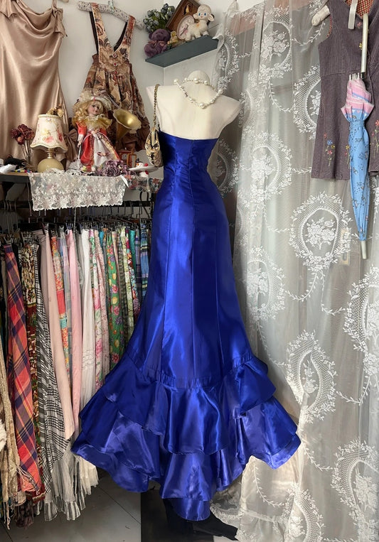 Vintage Meerjungfrauen-Abendkleid aus den 2000er Jahren, trägerlos, königsblau, ärmellos, aus Satin, für Damen und Mädchen, N660