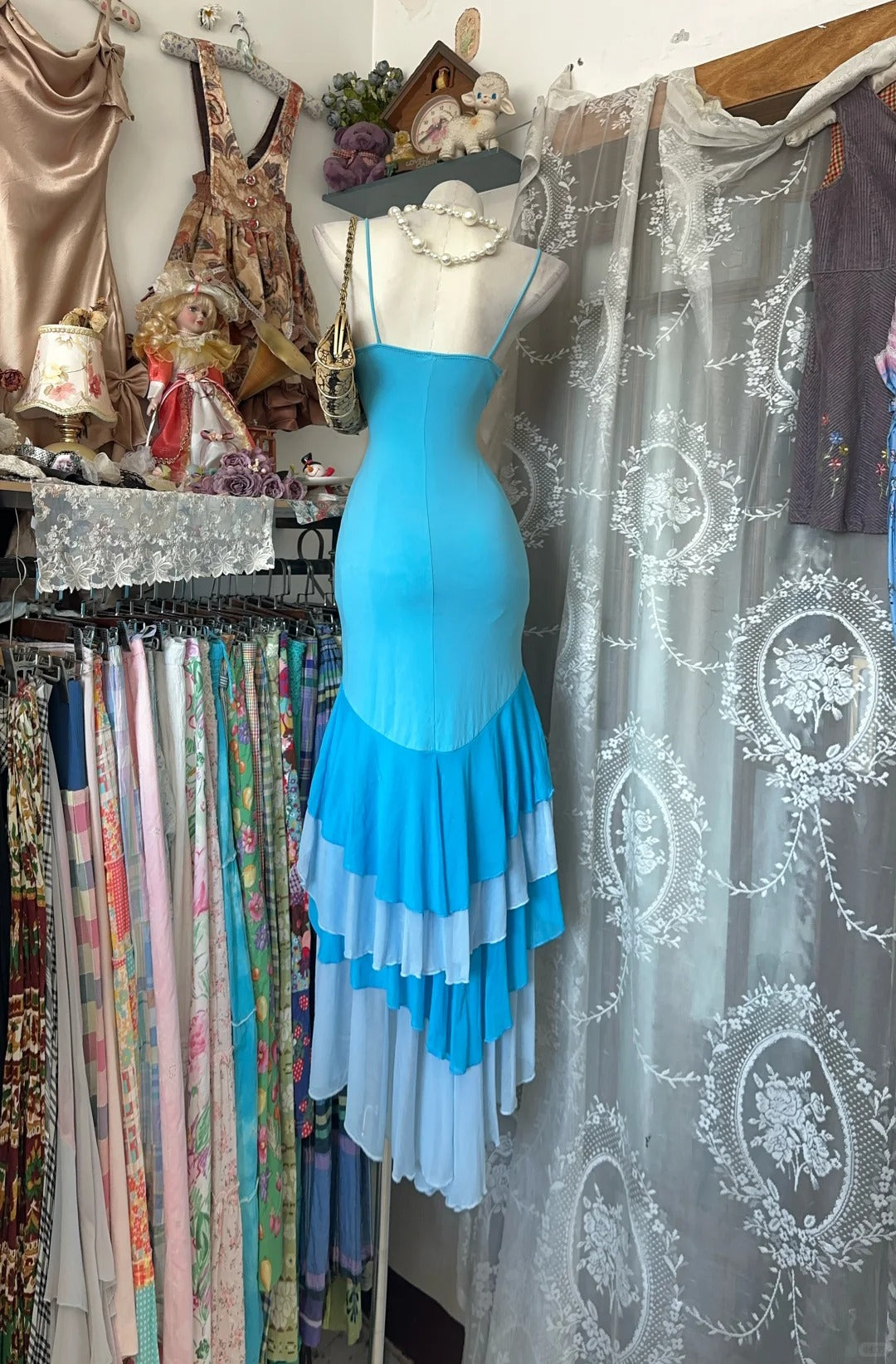 Vintage Mermaid Blue Spaghetti Strap Chiffon Sleeveless Formal For Women Girls Teens Prom Dresses N2250