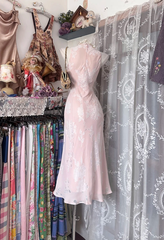 Vintage Mermaid High Neck Pink Floral Date Night Evening Outfit Formal Prom Dresses RB5297