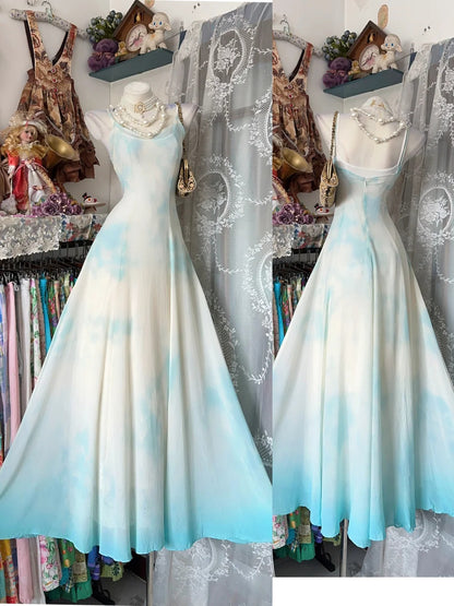 Flamboyant A line Spaghetti Strap Gradient Colors Chiffon Blue Date Night Evening Outfit Formal Prom Dresses RB5286