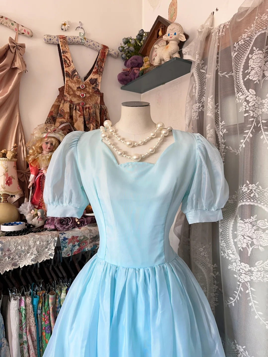 Robe de soirée longue bleue style rétro années 50, coupe trapèze, manches courtes, idéale pour un 18e anniversaire ou un bal de promo (N753)