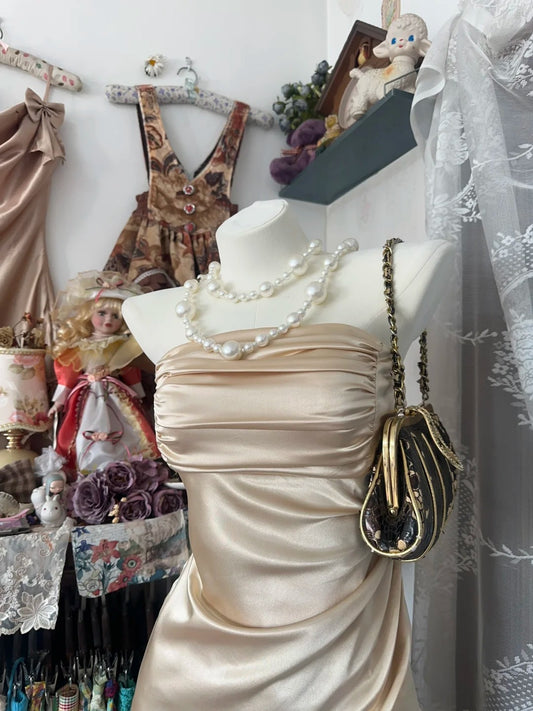 Vintage Mermaid Strapless Champagne Satin Mid Length Graduation Birthday Outfits Homecoming Dresses N3740