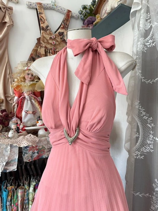 Classy A Line Halter Pink Chiffon Sleeveless Senior Prom dresses High School Long Formal Dress N1285