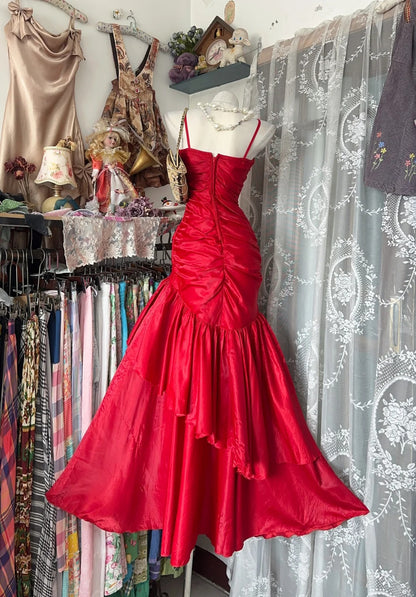 Vintage Prom Dresses 80s Mermaid Spaghetti Straps Red Satin With Ruffles Floor Length Formal Outfits RB4363