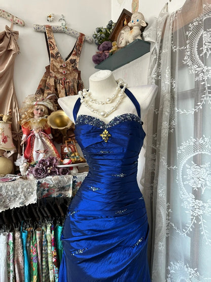 Robe de bal longue sans manches bleu roi à col halter sirène vintage années 2000, ornée de perles argentées, pour femmes et jeunes filles (N659)