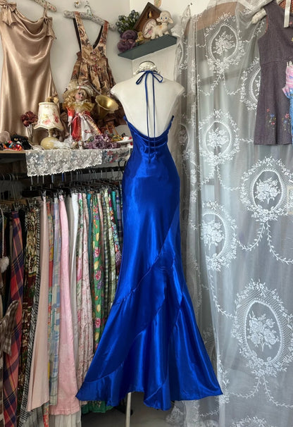 Vintage Meerjungfrauen-Halterkleid aus den 2000er Jahren, königsblau, Satin, ärmellos, langes Ballkleid für Damen und Mädchen, Abendkleid N658