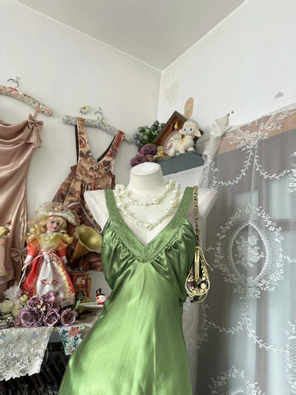 Vintage Mermaid V Neck Olive Green Satin Sleeveless Formal For Women Girls Teens Prom Dresses N2253